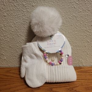 NWT Lilly & Hazel White Knit Pom Pom Beanie, Mittens & Bracelets Toddler 2T-4T